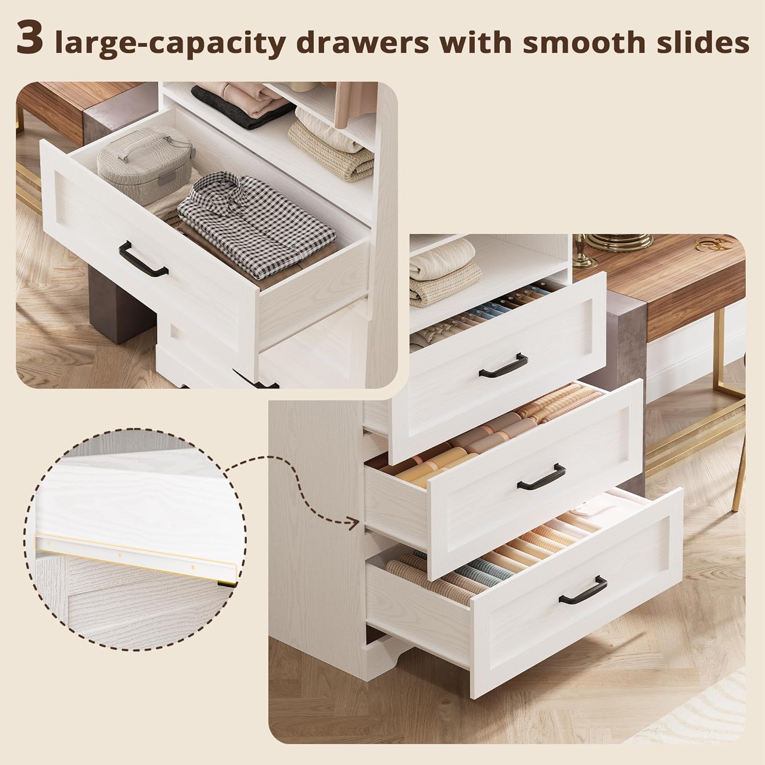 IRONCK Freestanding Closet System with 3 Wood Drawers, Modern Armoire Wardrobe with Adjustable Shelves & Hanging Rod, Walk-in Closet Systems Organizer for Small Closet, White