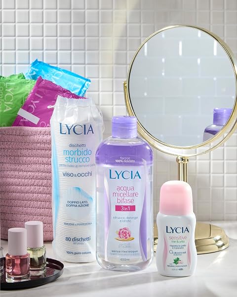Lycia, Dischetti Struccanti Viso e Occhi, Tessuto Morbido in 100% Puro Cotone, Doppia Azione con Trame Diverse per Rimuovere il Trucco e Perfezionare la Detersione, Confezione 80 Dischetti - 2