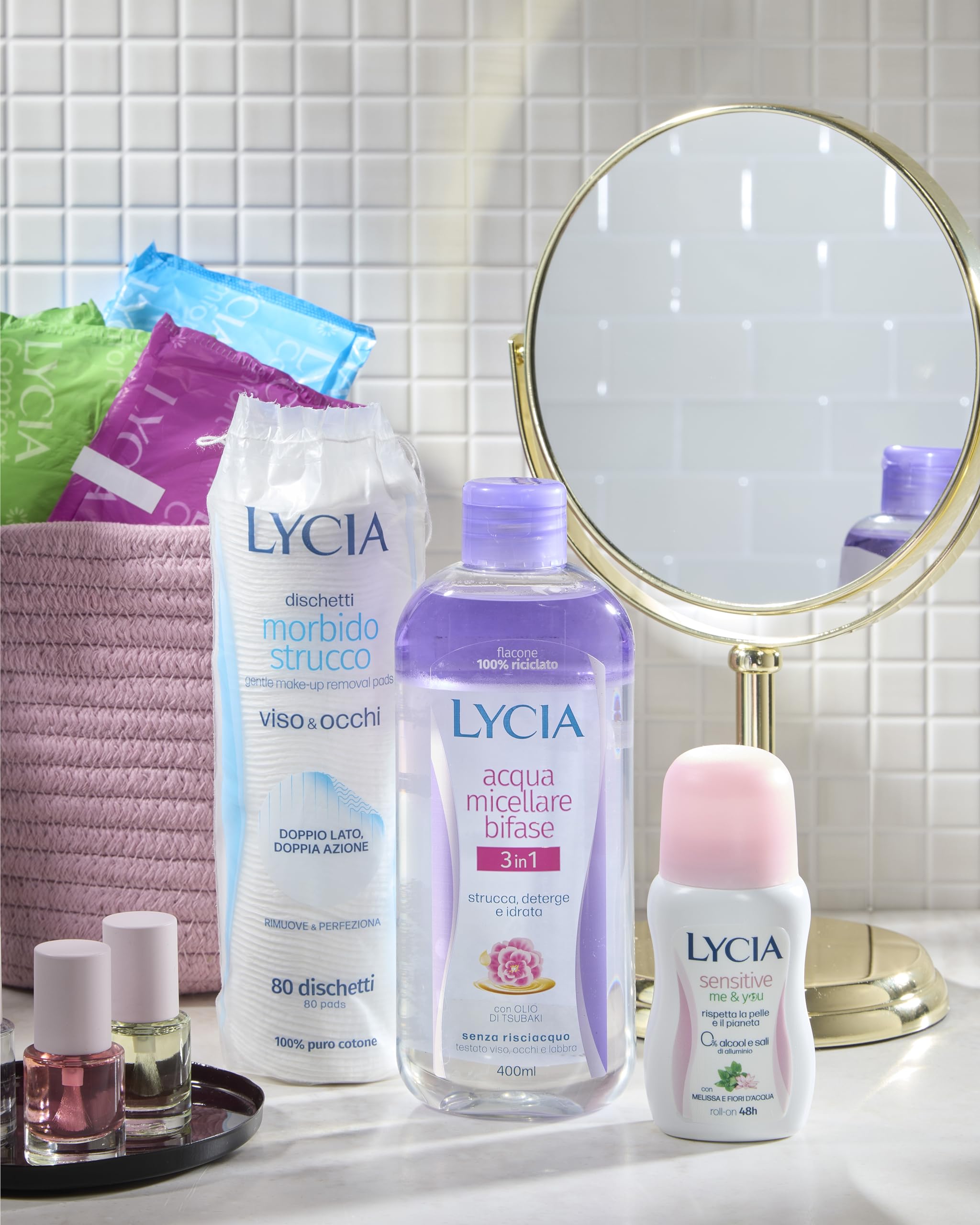 Lycia, Dischetti Struccanti Viso e Occhi, Tessuto Morbido in 100% Puro Cotone, Doppia Azione con Trame Diverse per Rimuovere il Trucco e Perfezionare la Detersione, Confezione 80 Dischetti