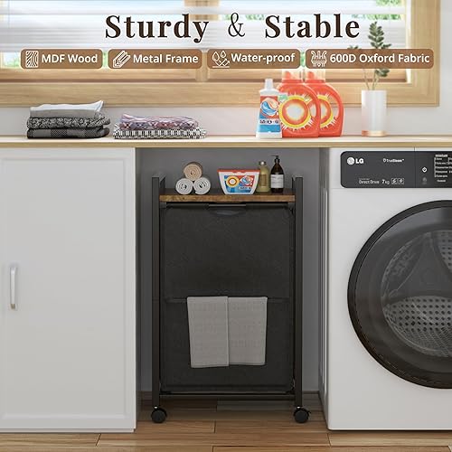 Miniatura 4 de Cesta de lavandería alta con estante  Cesta de ropa sucia para ropa sucia para dormitorio, papelera estética con tapa, ruedas cubiertas, estación de
