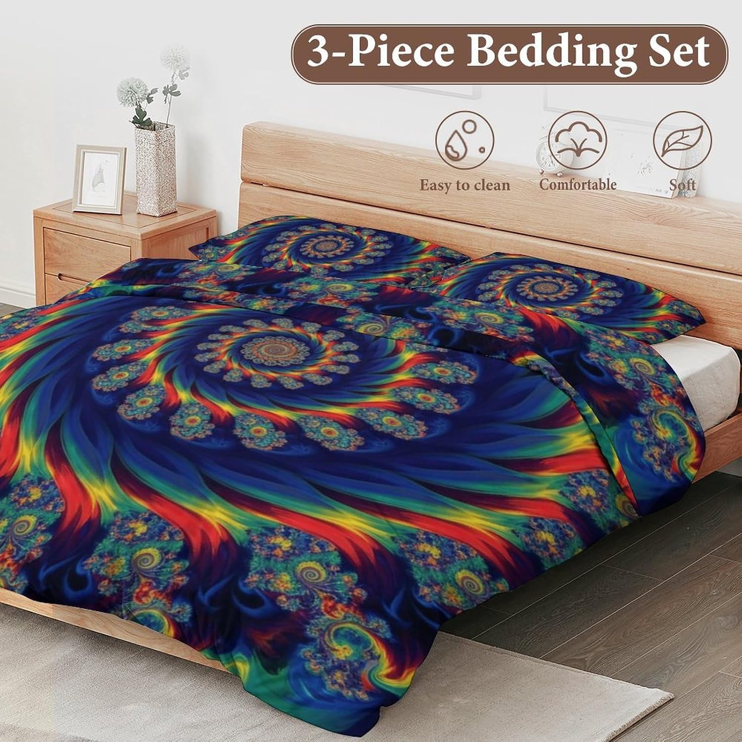 Delerain Comforter Cover Set Full Size, Neon Rainbow Boho Mandala 3-Piece Bedding Set for Boys Girls Teens Modern Soft Microfiber Bedroom Set Room Decor, 1 Duvet Cover + 2 Pillowcases image 4