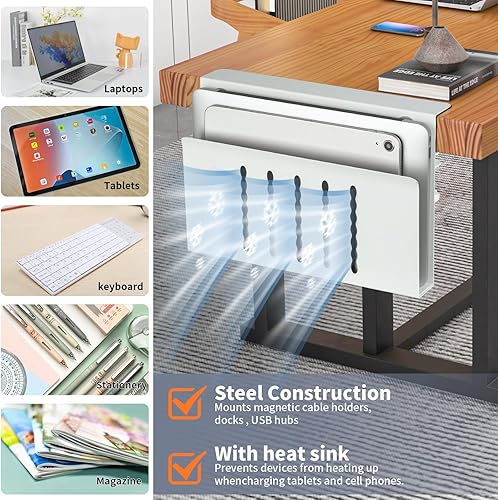 Miniatura 2 de Soporte de almacenamiento lateral para escritorio, soporte para laptop con soporte magnético para bolígrafos, bandeja de gestión de cables debajo