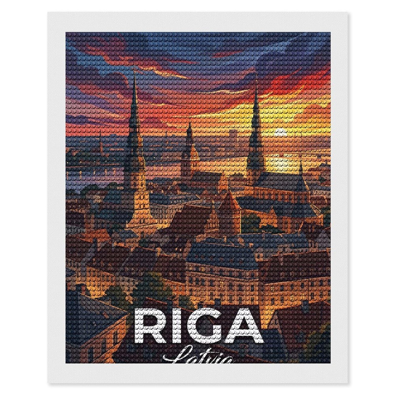 Junmoney Riga, Latvia Sunset Cityscape Diamond Painting Kit 16"x20", Adhesive Canvas, Home Wall Decor, for Beginners, Birthday Gift, Full Kit Included