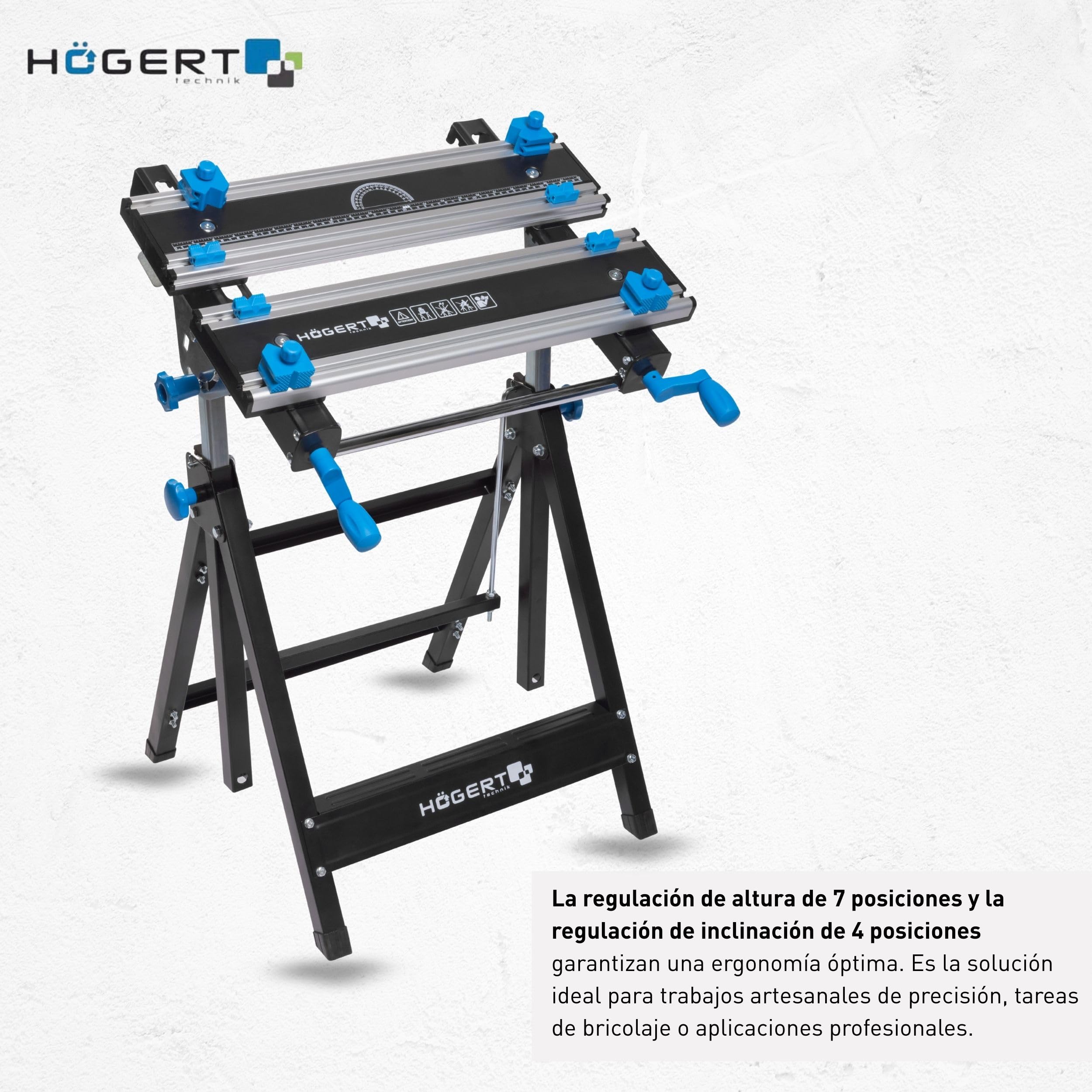 HÖGERT TECHNIK Mesa de Taller Plegable, Ajustable en Altura e inclinación de 600 x 570 x 770 – 1070 mm con Placa de Aluminio, mandíbulas, Ajuste de ángulo y Escala de Medidas