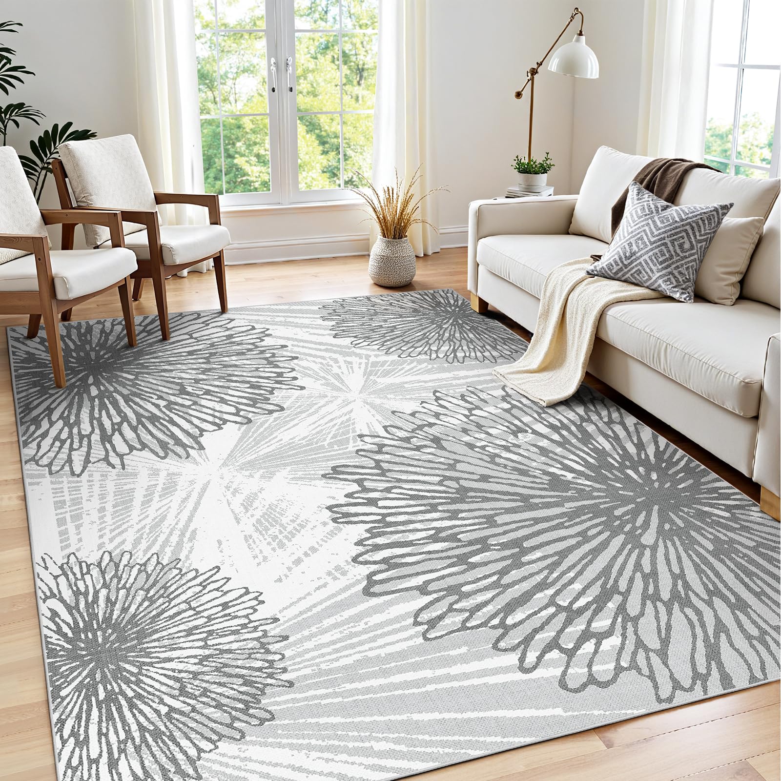 WITSHOCK 5x7 Washable Rug for Living Room,Modern Floral Distress Print Pattern Area Rugs,Stain Resistant with Non Slip Backing Carpet for Dining Room,