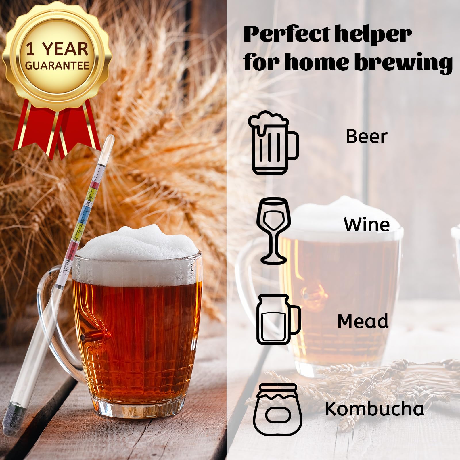 Hidrómetro Mead Wine Beer Brewing Ale Making Kombucha Kit,Alcohol Tester Accessories Moonshine Still Kit completo para equipo de prueba en el hogar Probador de gravedad específica Abv