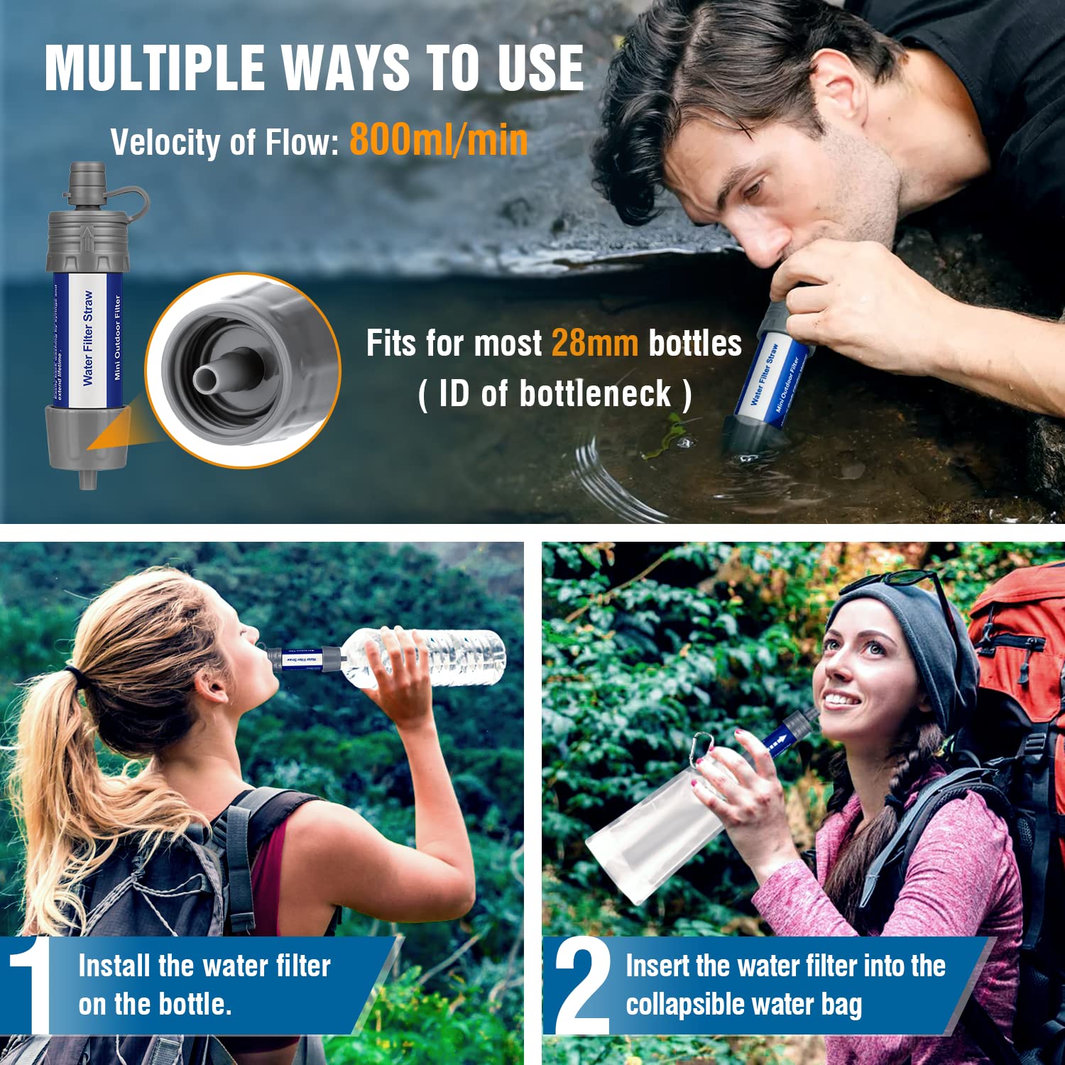 5000L Personal Filtro de Agua Aire Libre Portátil Mini Purificador de Agua Supervivencia Sistema de Filtración de Agua Exteriores,Elimine 99.99% de Bacterias para emergencias,Senderismo (azul)