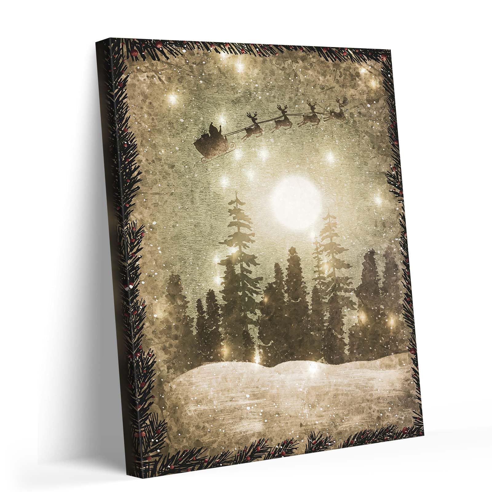 Vintage Christmas Wall Art Canvas, Santa Claus and Sled Sky Poster Print, Rustic Oil Painting Wall Decor, Christmas Eve Artwork Living Room Xmas Home Decorations, Winter Print, Framed 11x14inch