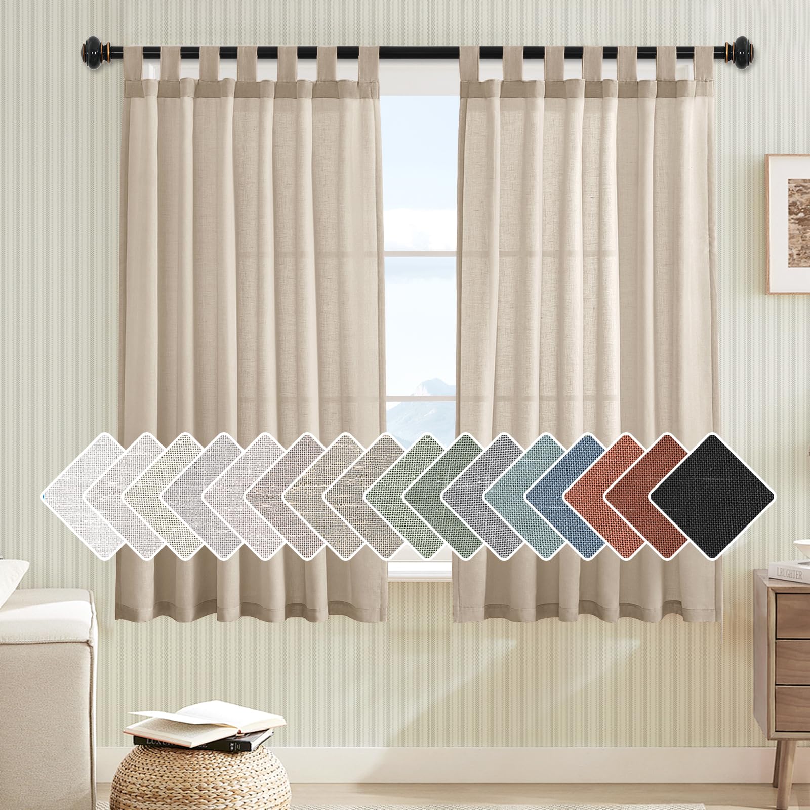Photo 1 of H.VERSAILTEX Linen Blended Curtains - Tab Top Semi Sheer Window Treatments Panels Drapes for Living Room/Bedroom, Light Filtering (Set of 2, 52" x 54", Angora)