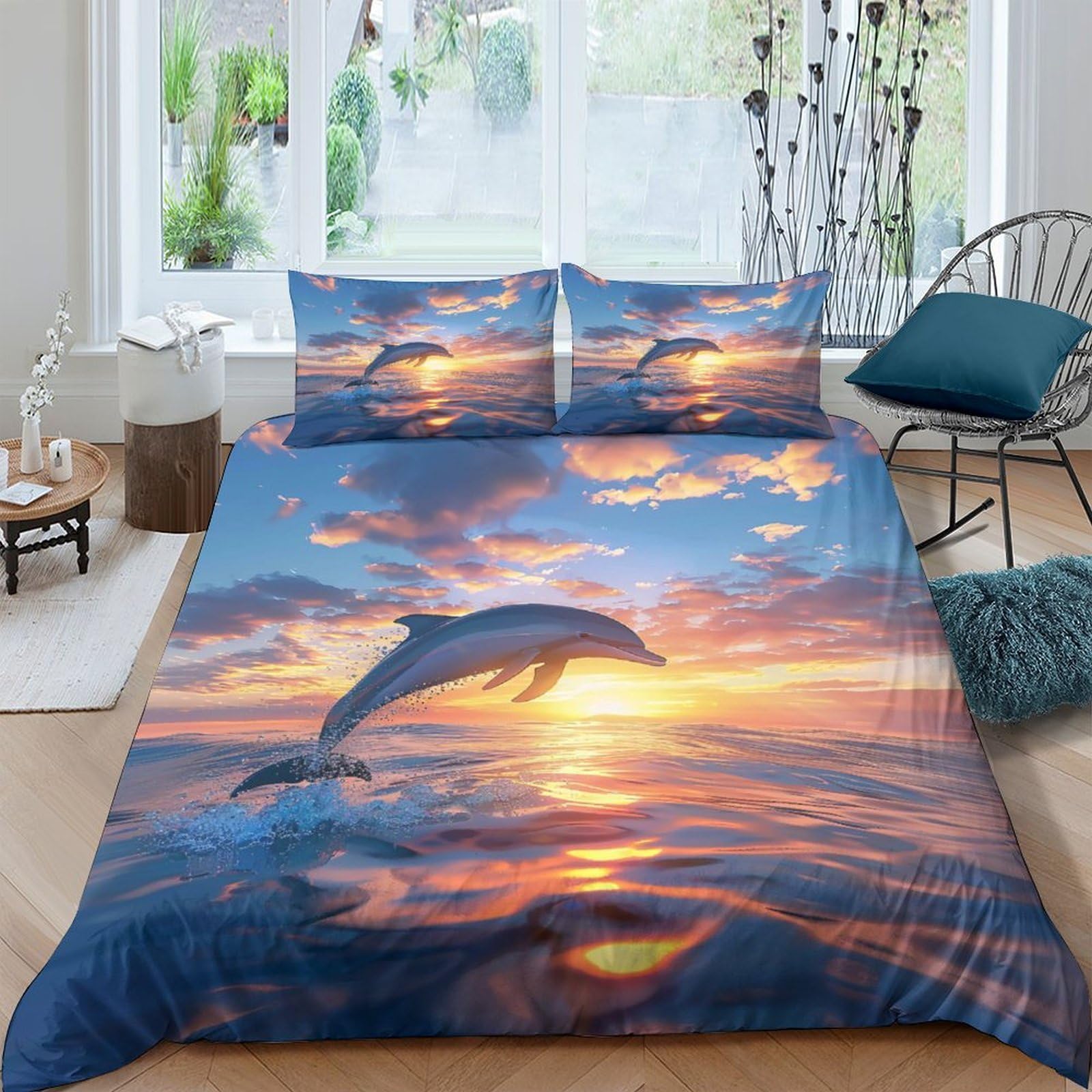 Ctjqhvkz Style-8 3D Printed Sunset Ocean Dolphin Fitted Sheet Microfiber Soft Mattress Cover For Bedroom Dorm Decorative Bedding Single（135X200cm）