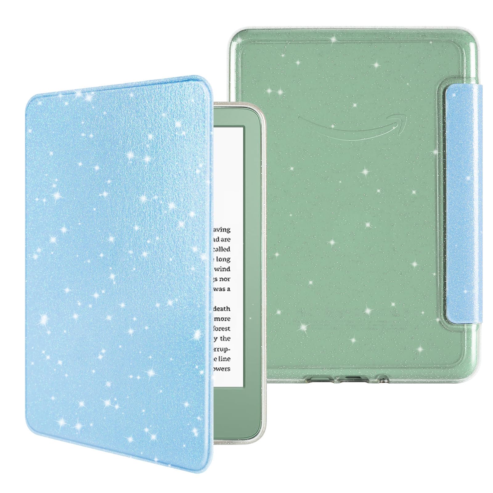 MOROCK Slim Case for All-New 6" Kindle(11th Generation,2024/2022 Release,Model No. RS23CV/C2V2L3), Lightweight Glitter PU Leather and PC Clear Acrylic Back Cover, Auto Sleep/Wake, Glitter Blue