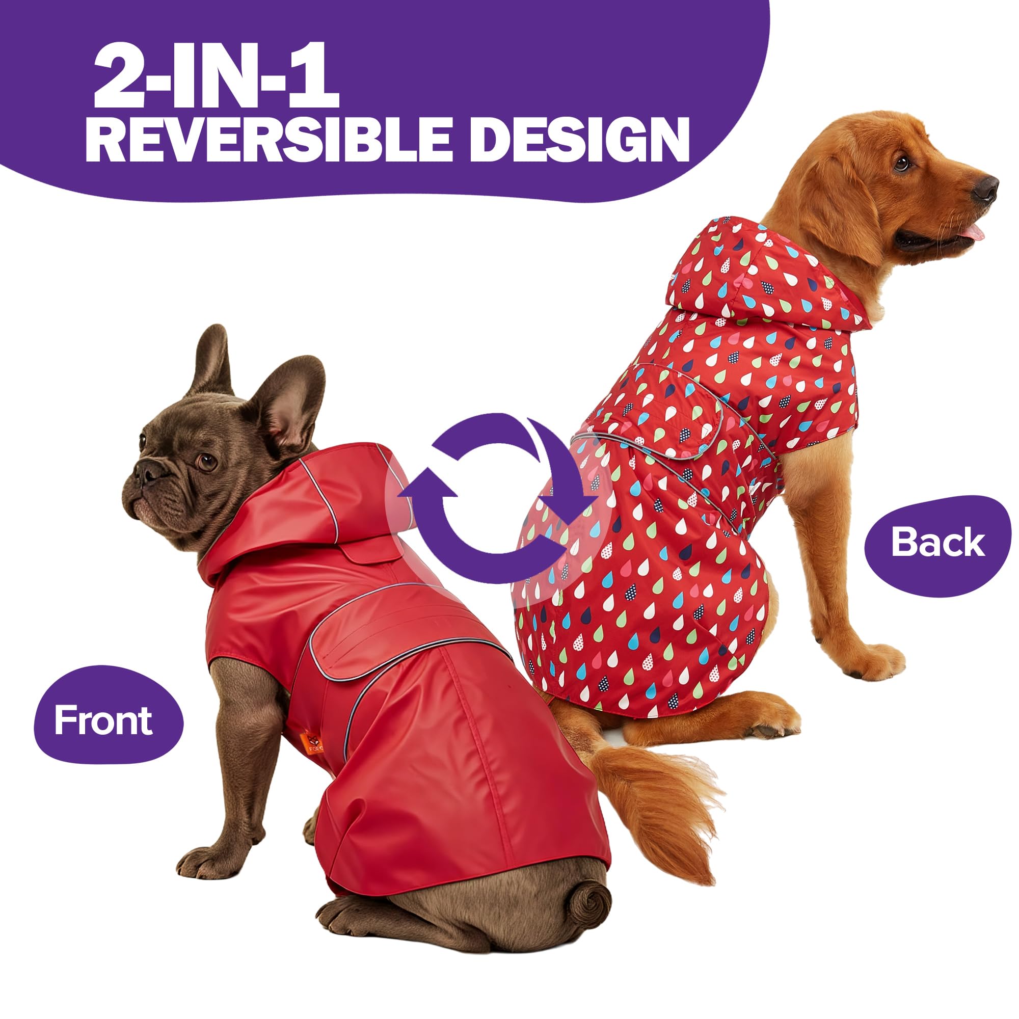 Kimee Impermeable para perro, reversible, poncho de un solo lado, ajustable, impermeable, con agujero para correa, rayas reflectantes, capucha, a prueba de nieve, resistente al viento, para perros