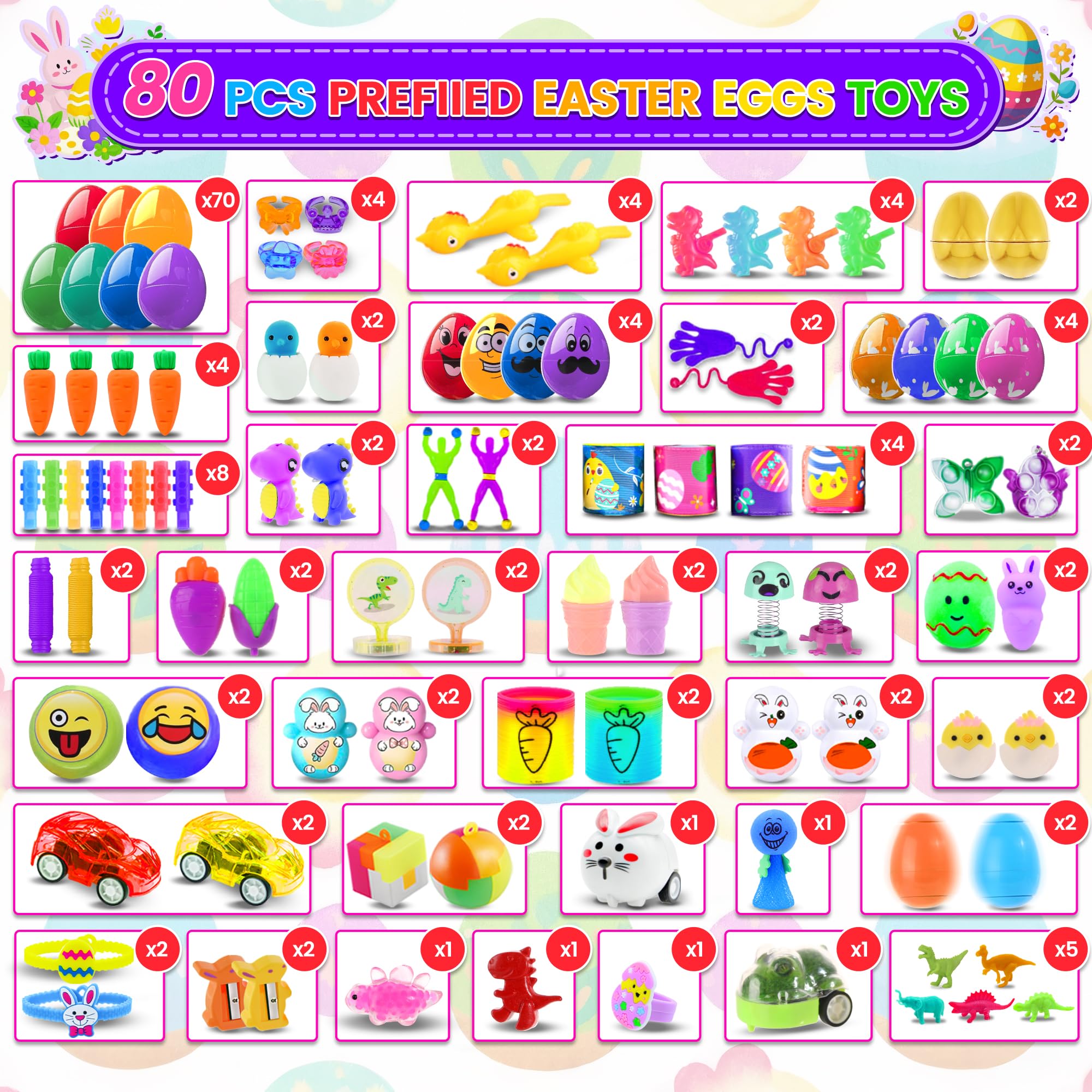 Ulosharky 80 Pack Prefilled Easter Eggs with Toys Inside, Plastic Eggs Fillers for Toys Bulk, Easter Basket Stuffers,Easter Eggs Hunt Games Classroom Prizes, Easter Party Supplies Gifts for Kids
