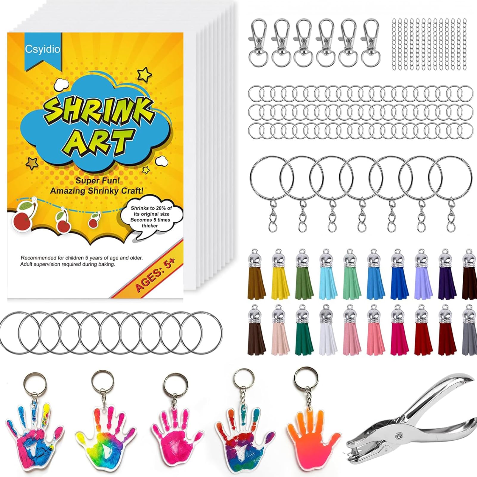 Csyidio 251 PCS Shrink Dink Keychain Kit Includes 20 Sheets Shrink Plastic Sheets, Hole Punch, Tassels, Lobster Clasps, Keychain Clip, Jump Rings, Key Ring, Great for DIY Mother's Day Crafts