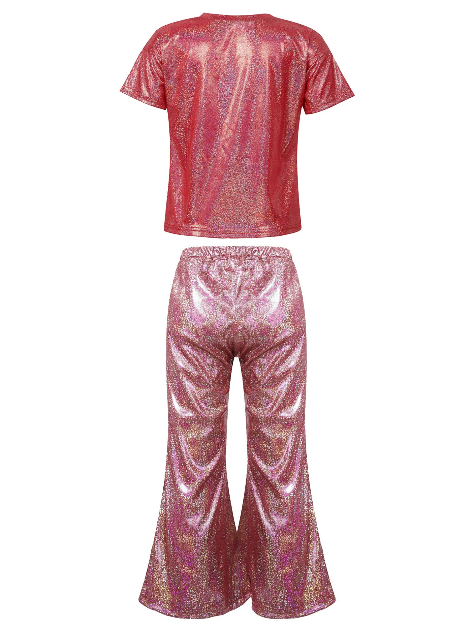easyforever Girls Sparkly Metallic Short Sleeve T-Shirt with Flared Pants for Jazz Hip Hop Street Dance Performance Red 9-10 Years