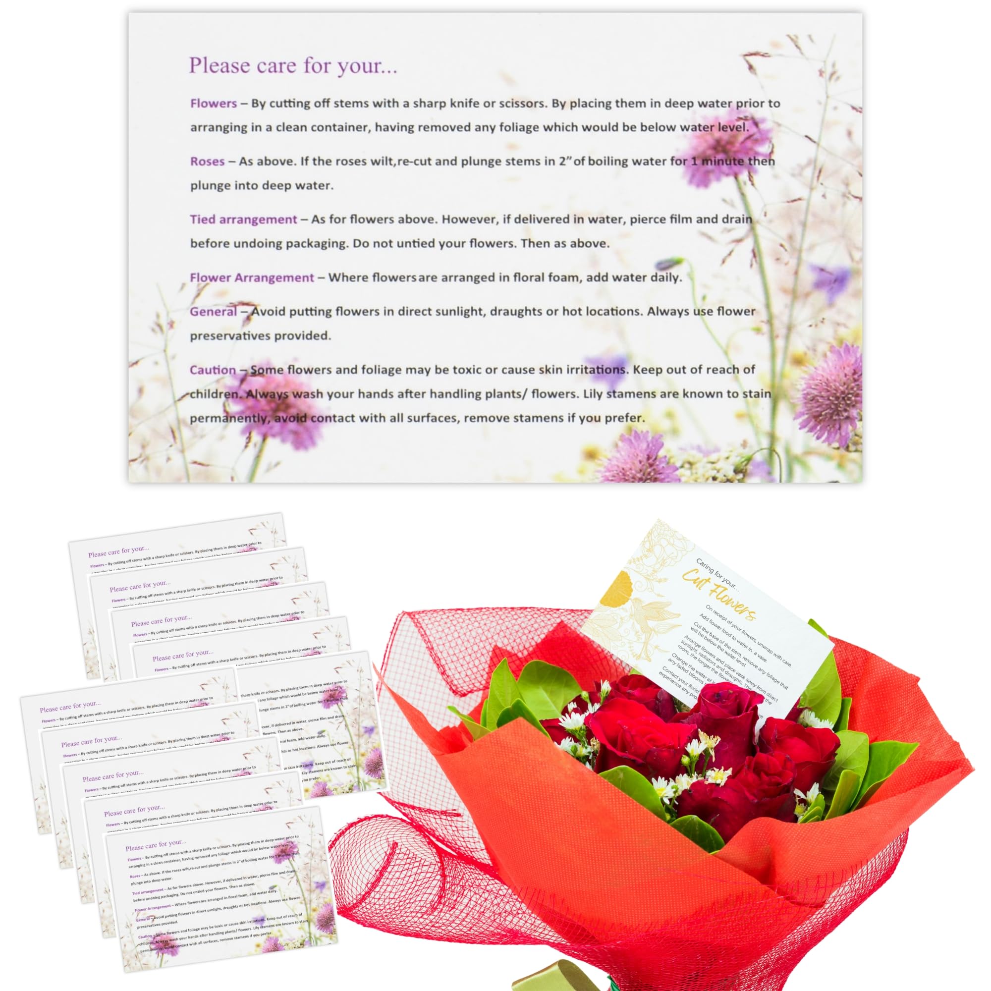 celloexpress Care Instructions Flower Message Cards - 60mm x 90mm - Florist Instructions Card Notes (Pack of 50)