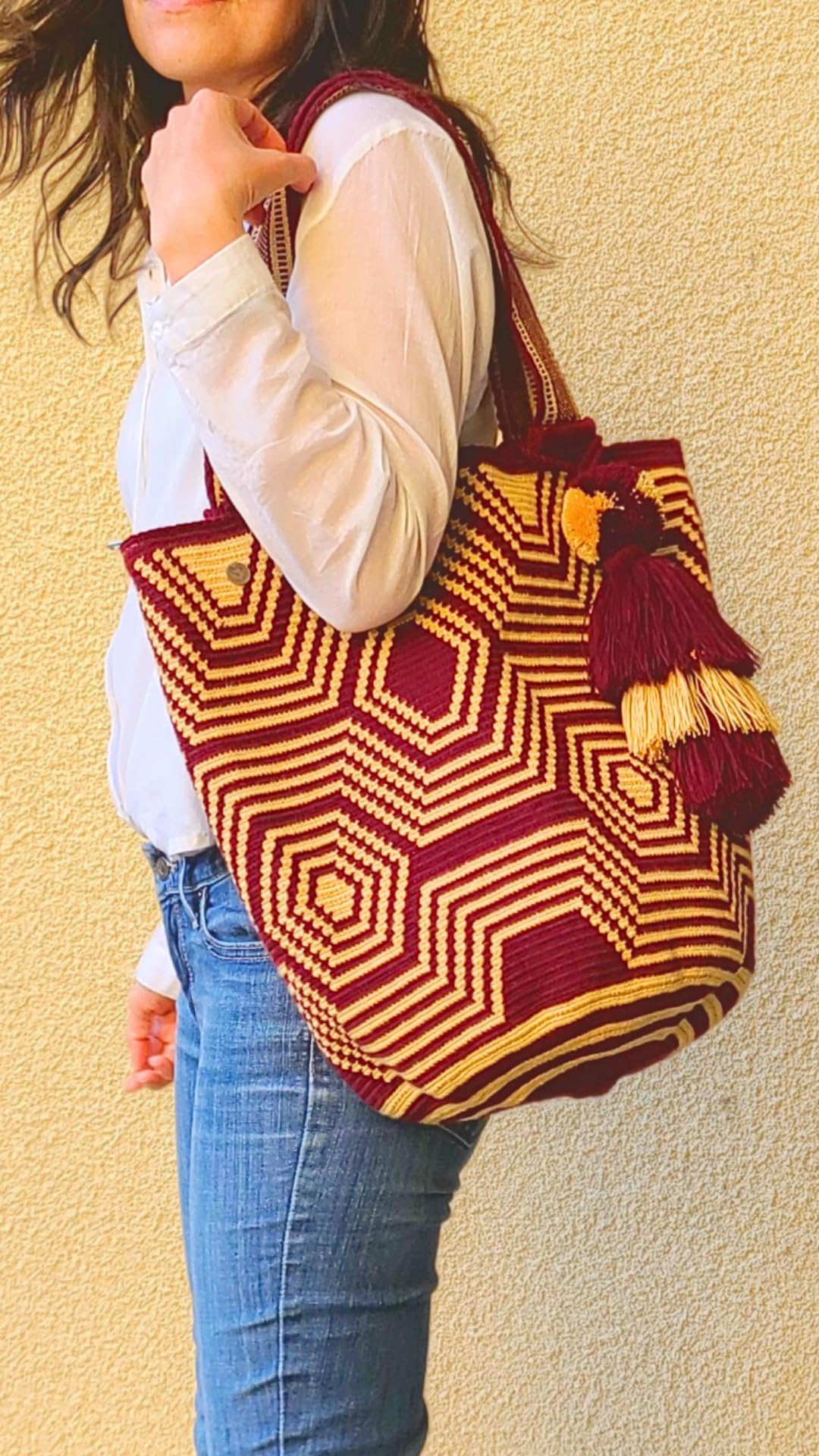 TERRA FUSION Bolso Wayuu hecho a mano | Bolso liso | Bolso ético | Burdeos Beige, granate, L