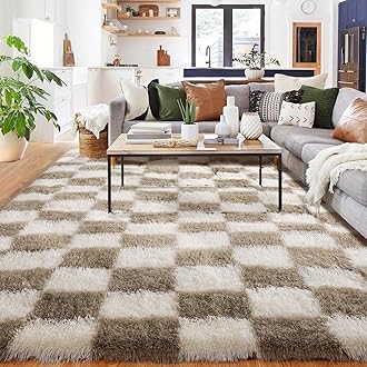 Checkered Rug for Bedroom, 120x180cm Beige and White Living Room Area Rugs for Kids Baby Room, Nursery, Dorm, Lounge, Soft Fluffy Plush Fuzzy Checkerboard Floor Carpet