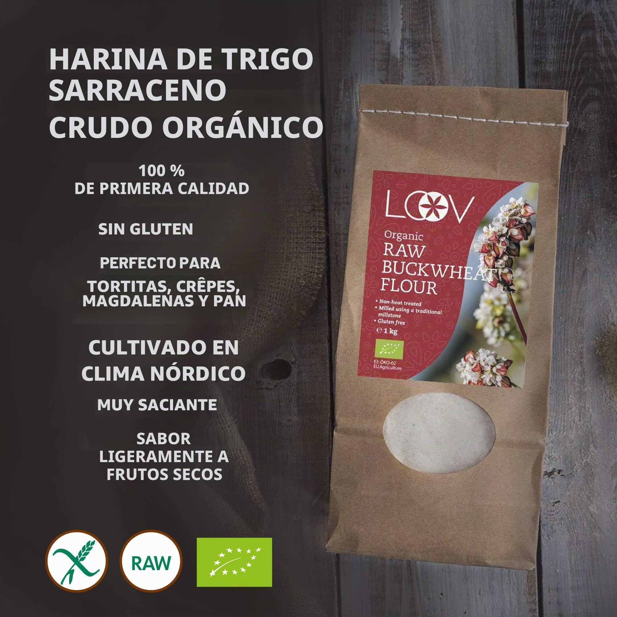 Harina de Trigo Sarraceno Cruda Orgánica, 1 kg, harina sin gluten, no tratada térmicamente, conserva todos los nutrientes, delicioso sabor a nuez, cultivado orgánicamente en climas nórdicos, no es OGM