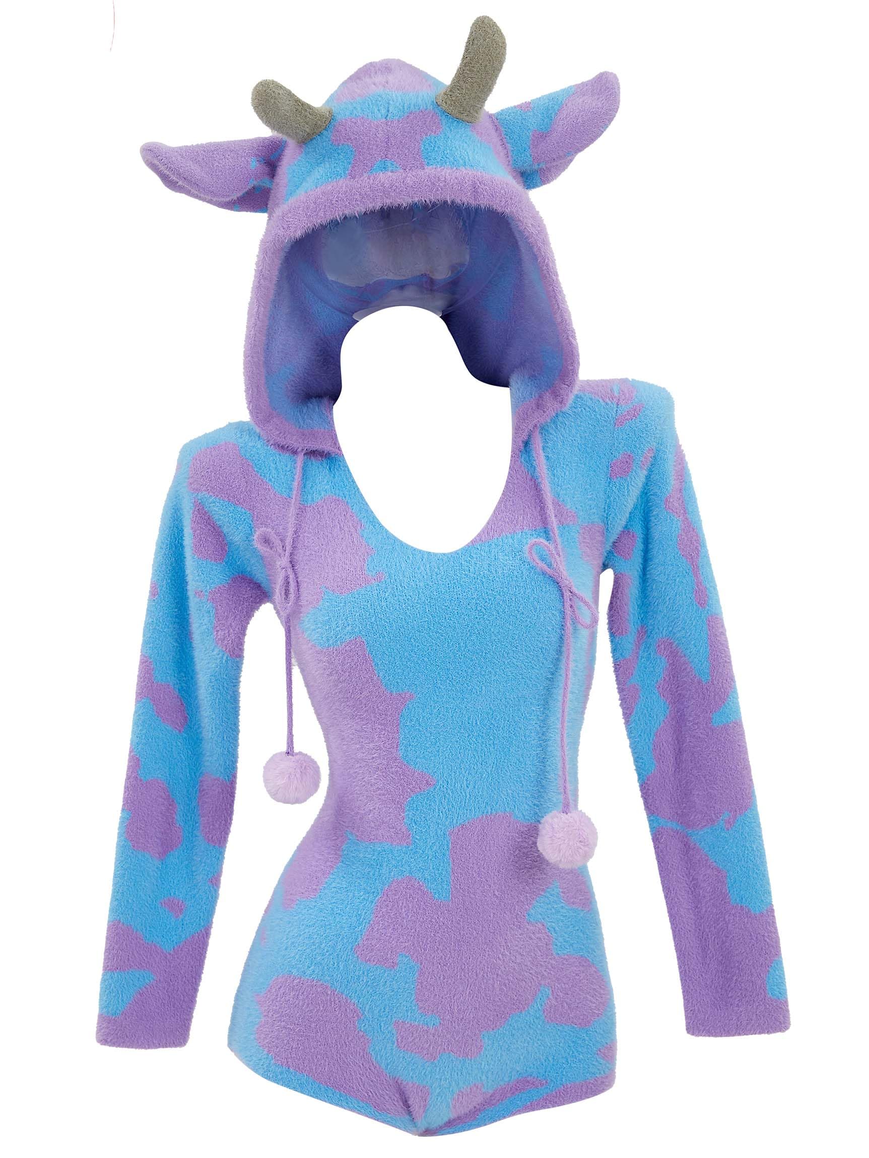 MobbunnyWomen's Fuzzy Knit Sweater Pajamas Pink Cow Print Jumpsuit Fluffy Hooded Romper Bodysuit Onesies Pajamas Adult