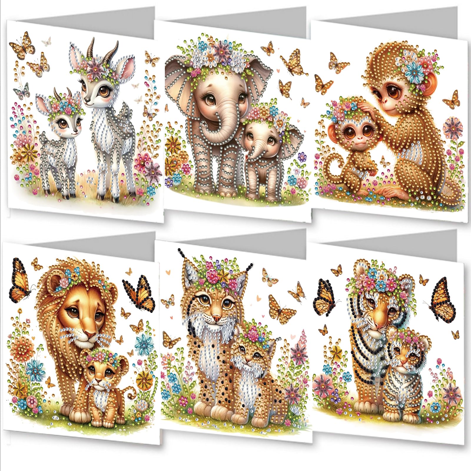 Meecaa 6pcs DIY Diamond Art Christmas Cards Kits Animal Elephant Monkey Deer Lion 5D Crystal Art Card with Envelopes, Postcards for Handmade, Diamond Painting Cards Sets, 15 * 30cm (Animal)