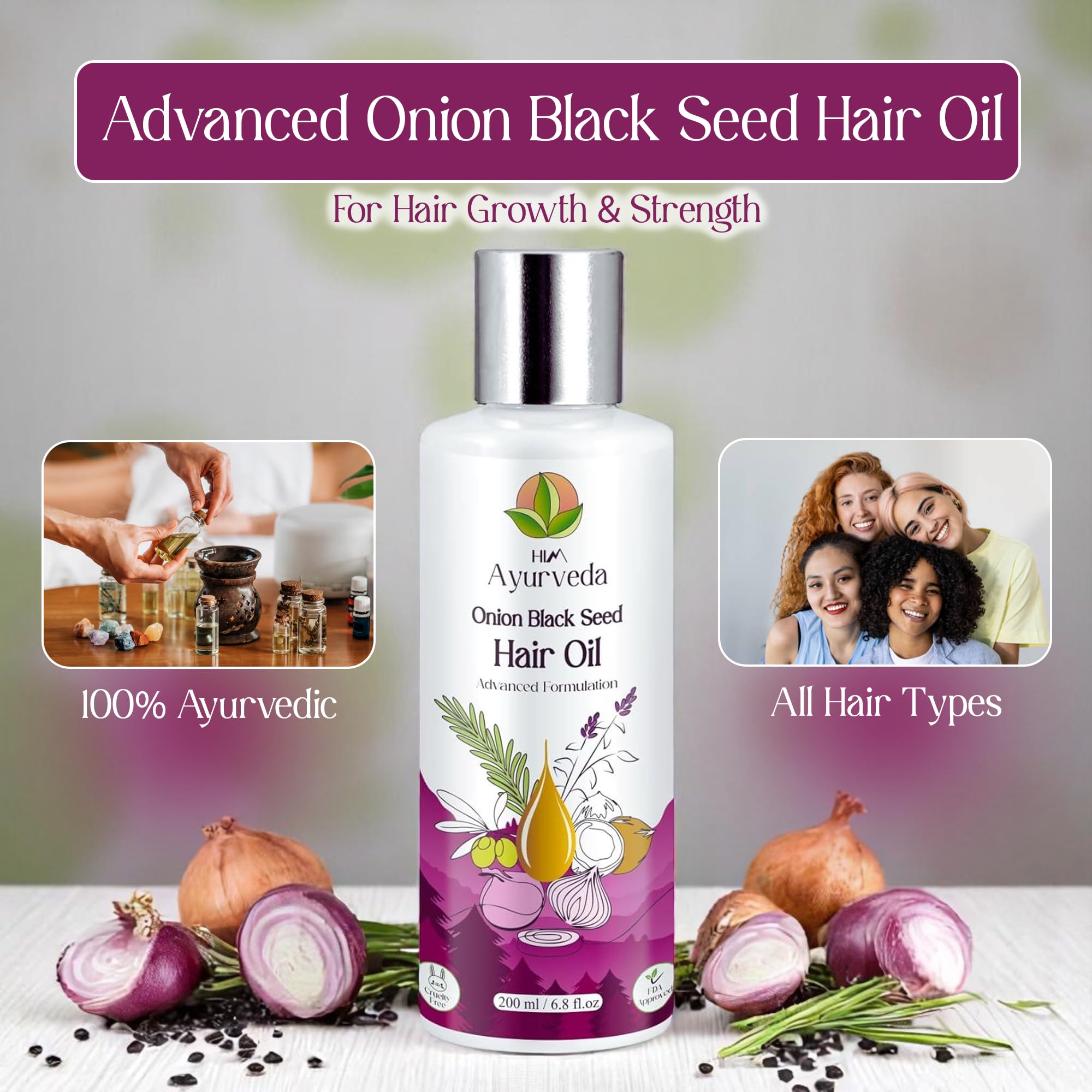 HIM AYURVEDA Advanced Onion Black Seed Hair Oil with Rosemary | Red onion Hair Oil for Stronger Hair| Infused with 25+ Herbs, Onion & Black Seed | SLS & Paraben Free | 200ML | (pack of 1)