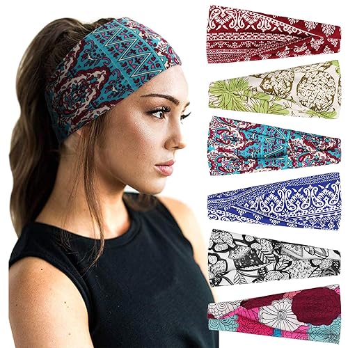 Paquete de 6 diademas cintas de entrenamiento de DRESHOW para mujer, estilo bohemio, para entrenamiento, deportes, bandas de pelo, diadema de flores