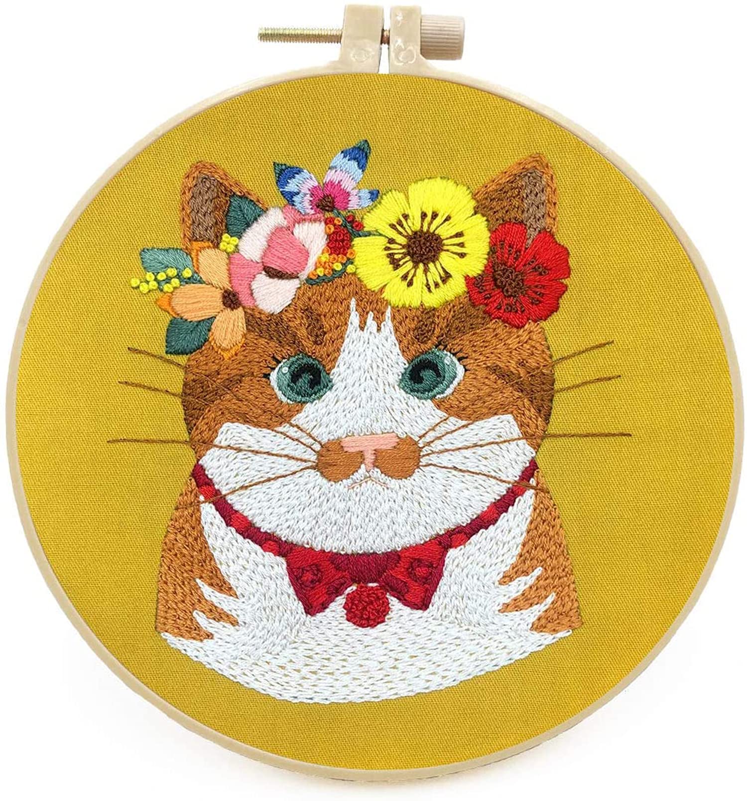 DELFINO Hand Beginner Embroidery kit for Adults, Easy Stamped Dimensions Cross Stitch Kits with Pattern Animals Cat, Funny DIY Embroidery Floss Punch Needle Tool kit for Starter Kids needlepoin Kits