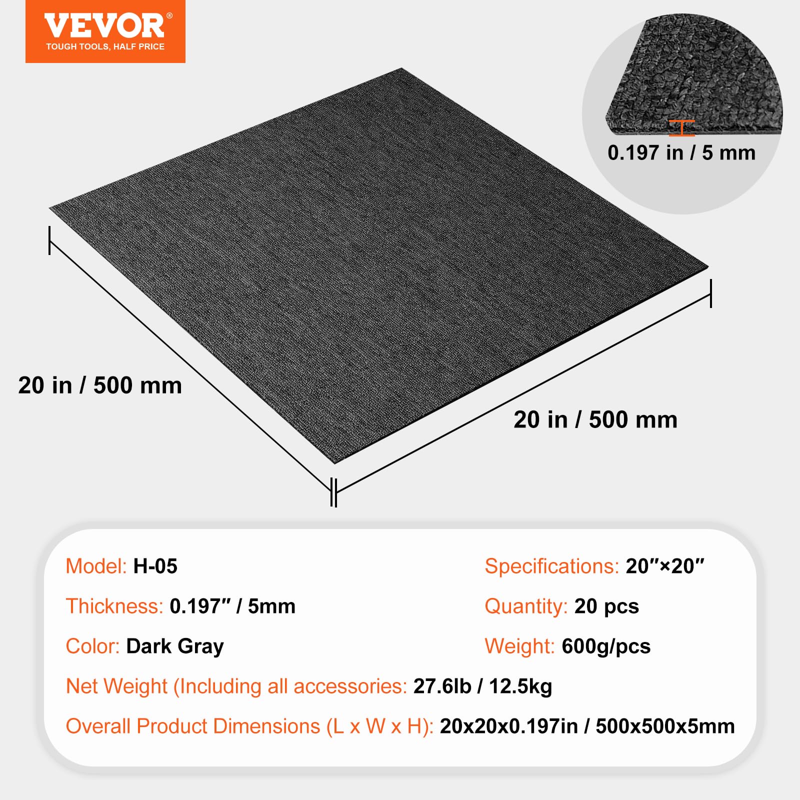 VEVOR Quadrotte in Moquette Riutilizzabili, 500 x 500 mm Quadrati in Moquette con Imbottitura Attaccata, Quadrotte in Moquette Morbida Imbottita, per Camera Interni esterni 20 Quadrotti, Grigio scuro