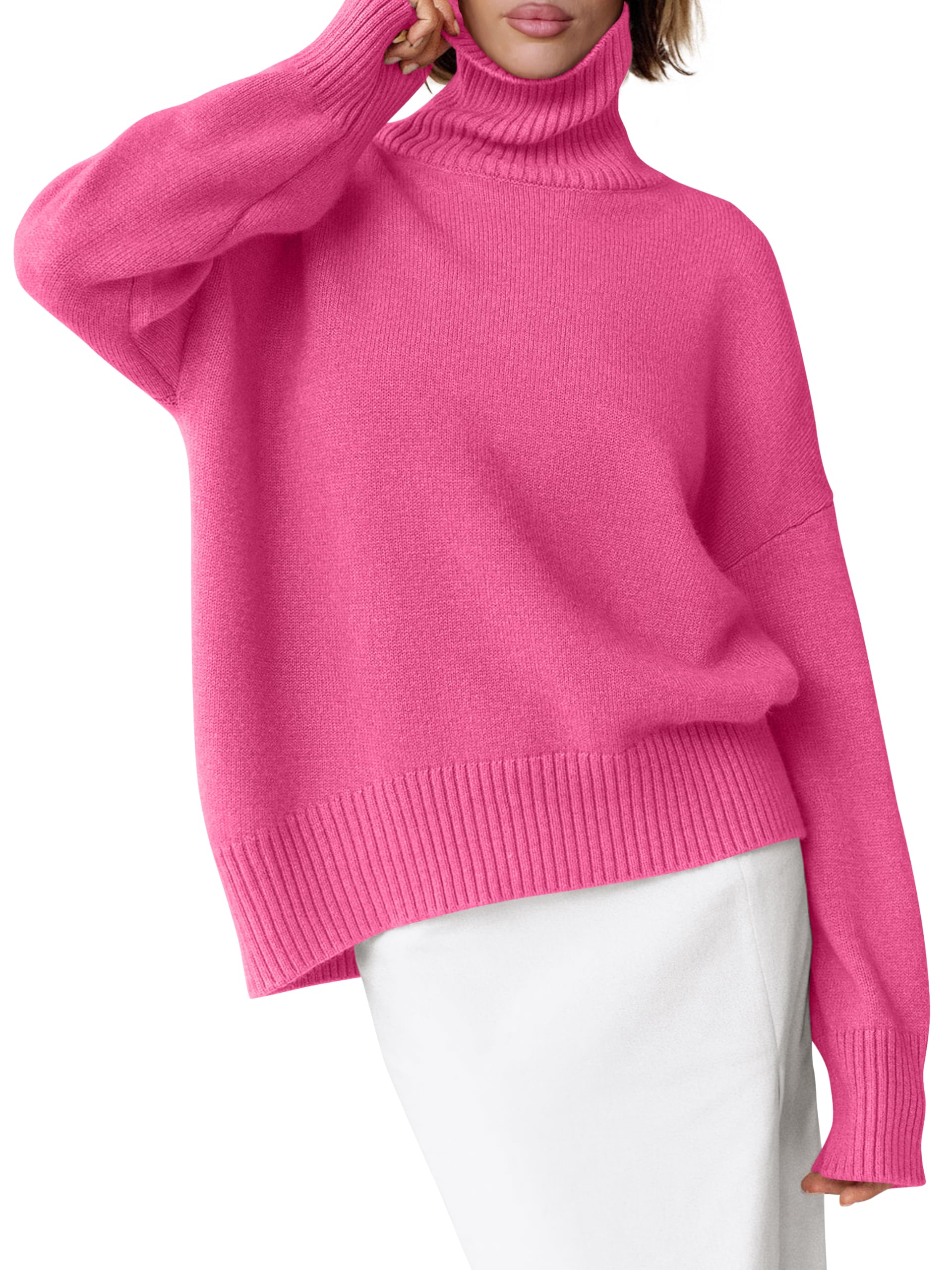 Womens Turtleneck Sweaters Oversized Chunky Long Sleeve Knit High Low Hem Pullover Top 2026 Fall Winter Fashion, Hot Pink, Medium-image-17