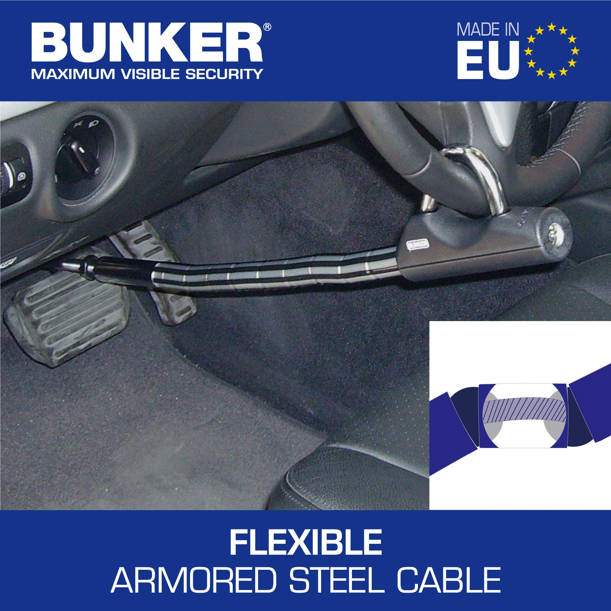 Bunker BP80/B Antivol Voiture Volant Pedale Flexible, Câble d'Acier Blindé Articulé, Haute Sécurité Réglable, Bloc Canne Barre Anti Vol Clef Universelle pour Bloque Auto, Camping Car, Van, Camionette