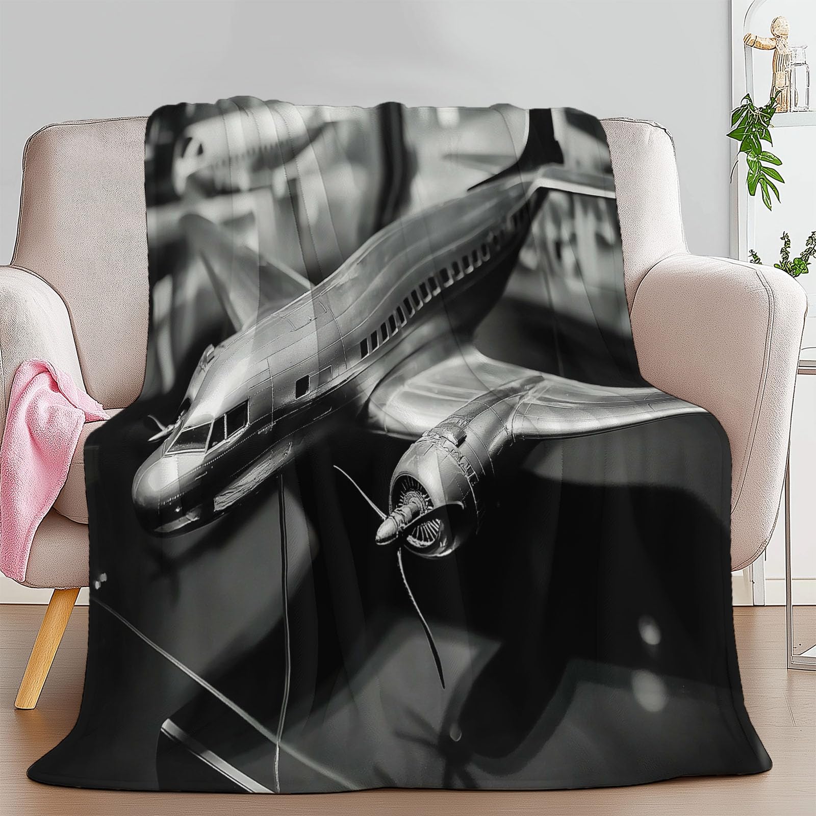 Générique Koc w kratę 150 x 200 cm DC 3 Model samolotu Ultra miękki koc flanelowy z nadrukiem premium narzuta na sofę dla nastolatków i dorosłych, czarny