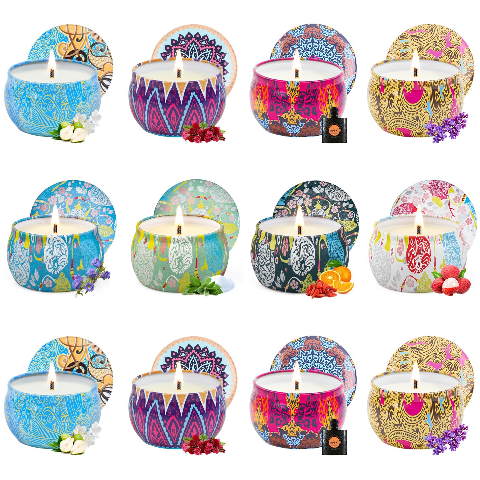 Juego 12 PCS Velas Aromáticas Cera Soja, Velas Perfumadas Ideal, Regalo Mujer Juego de regalo Velas para el Hogar Vela de Viaje Velas Decorativas Regalos Originales Lavanda Rosa Fresia Salvia Lichi