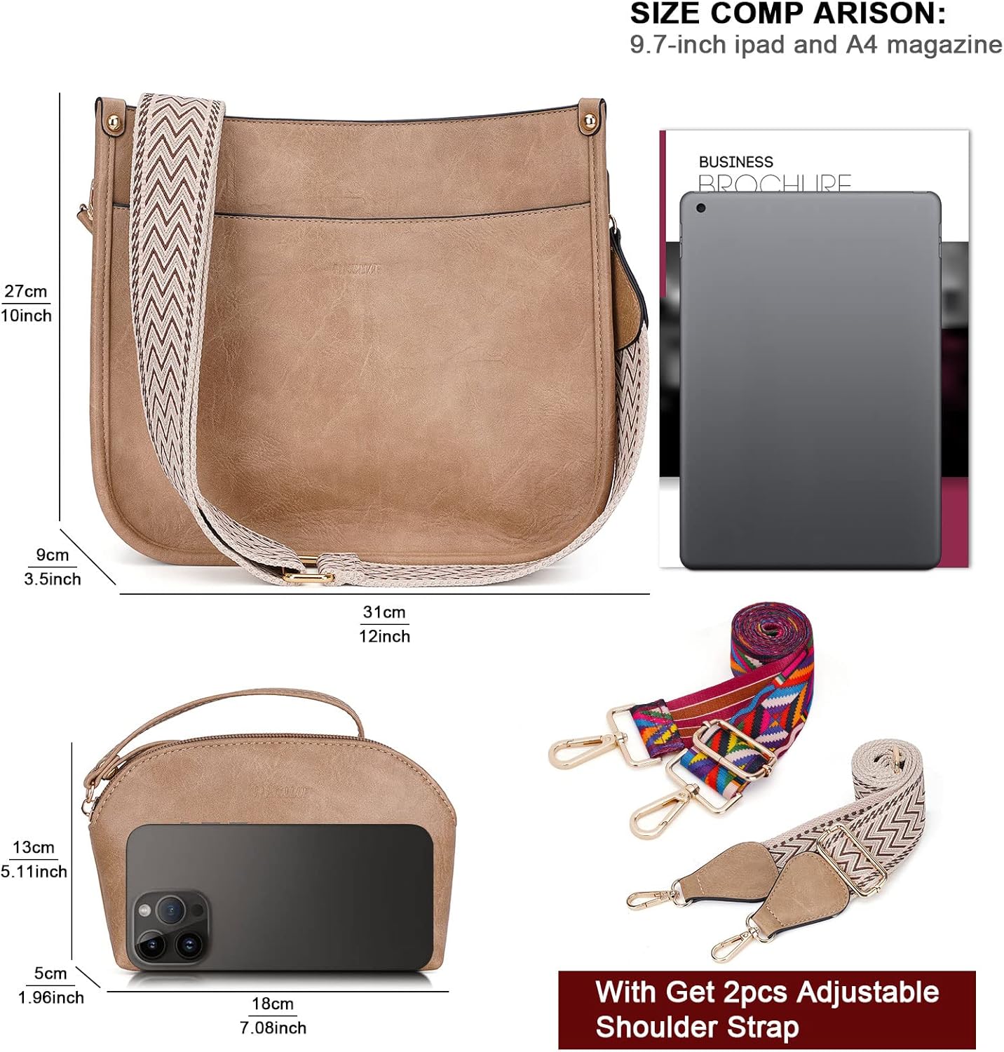 HKCLUF Crossbody Bag Purse for Women 2PCS/Set Leather Hobo Handbag Wallet Set With 2Adjustable Guitar Strap Shoulder Bag | Purse, 2PCS/Set, Leather, Wallet Set, Purse - Image 5