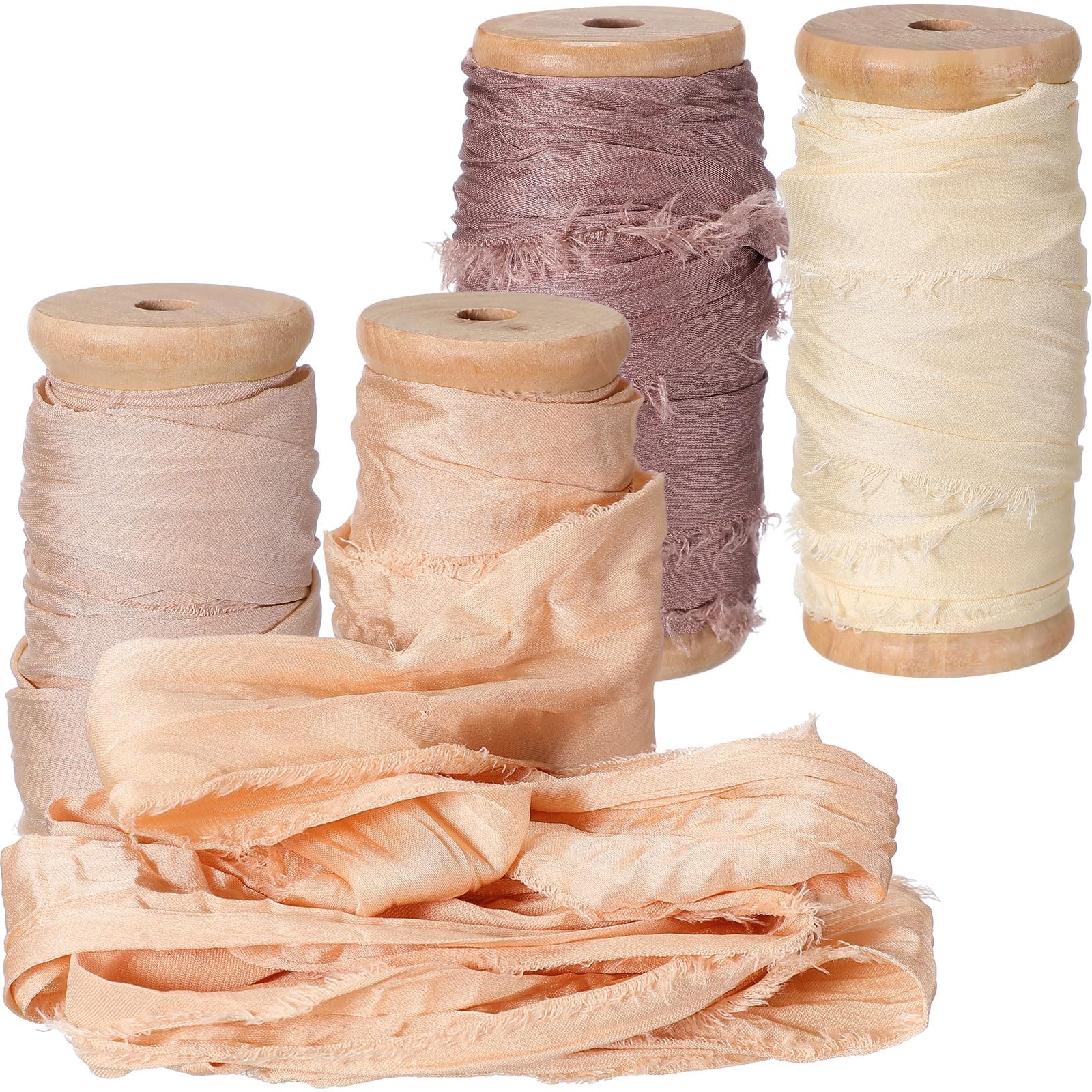 Mindsoft Seidenbänder, handgefertigt, ausgefranst, Chiffonband, 3,8 cm, mit Holzspule, handgefertigt, Shabby-Fransen, Bastelband für Geschenkverpackungen, Babyparty, Hochzeit, Brautsträuße