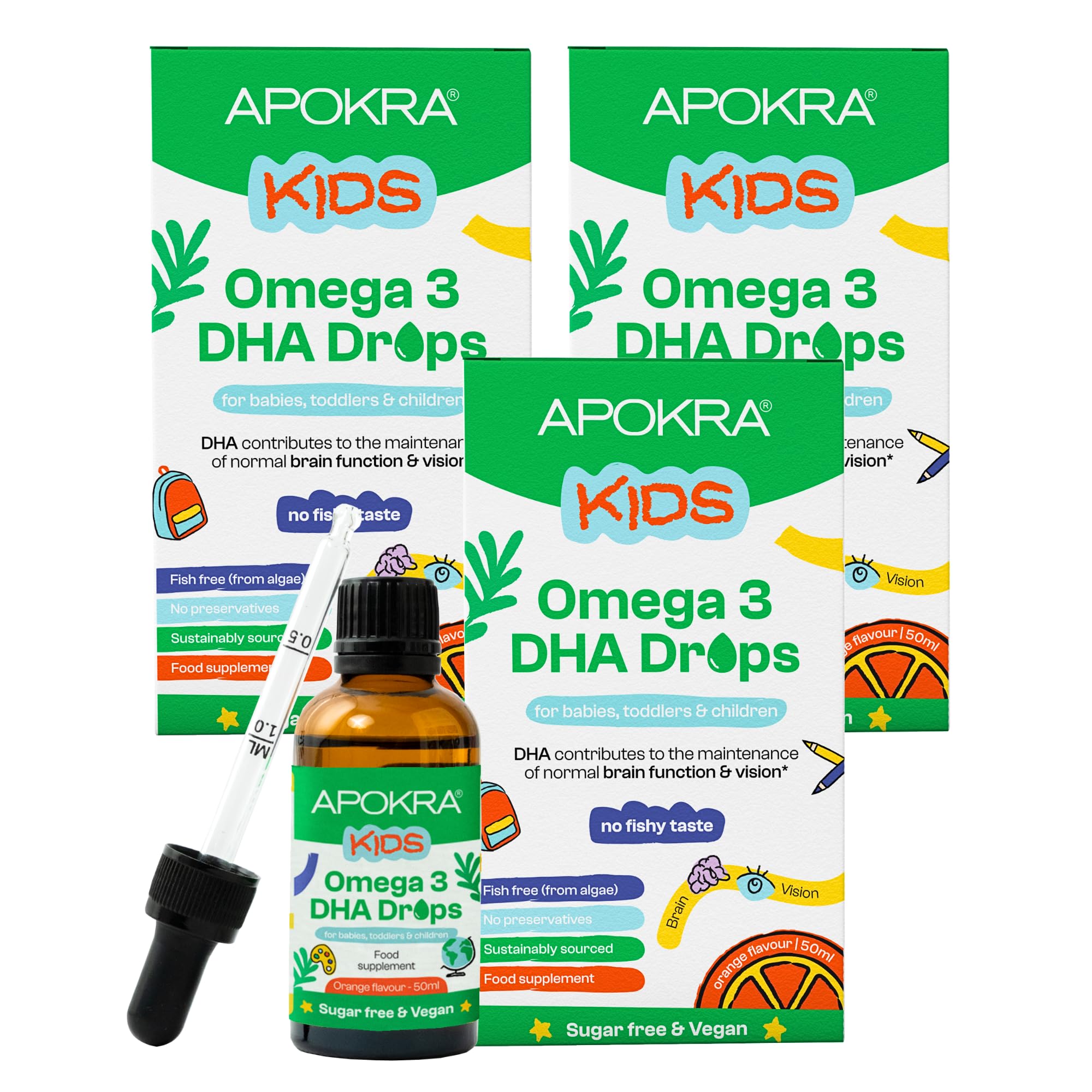 Omega 3 Vegan DHA Drops for Kids - Bundle - 50mL - No Fishy Taste - Preservative Free and Sugar Free. Sustainable Algal Alternative to Fish Oil | APOKRA Kids (3)