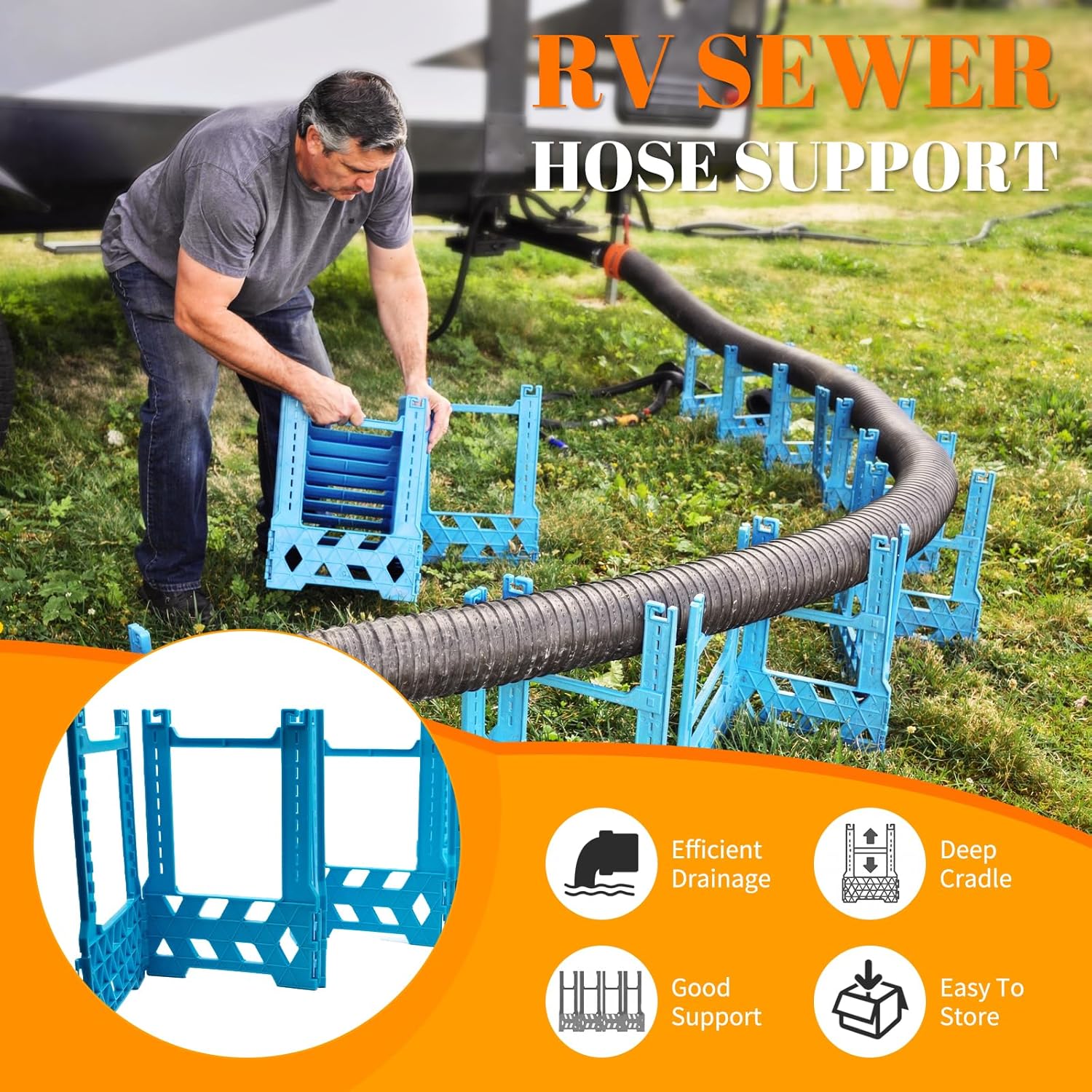 RV Sewer Hose Support 20FT, Height Adjustable RV Sewer Hose Holder with Deep Cradles, Rubber Bands & Carry Strap, Flexible Collapsible Design for Travel Trailers, Campers & Motorhomes