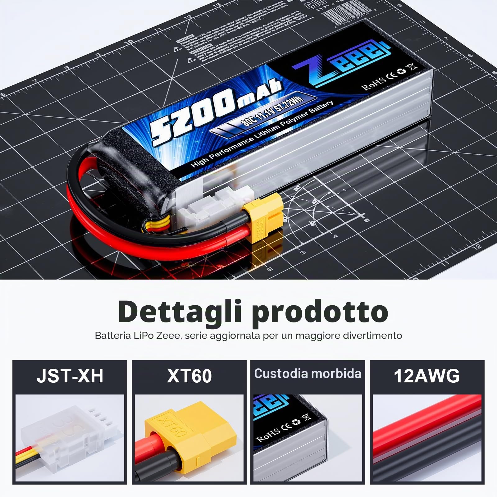 Zeee 3S Lipo 5200mAh 11,1V 80C RC Batteria con Connectore XT60 Spina per RC FPV Racing UAV Drone Evader BX RC Veicolo Auto LKW Truggy RC Nave RC Modells RC Hobby
