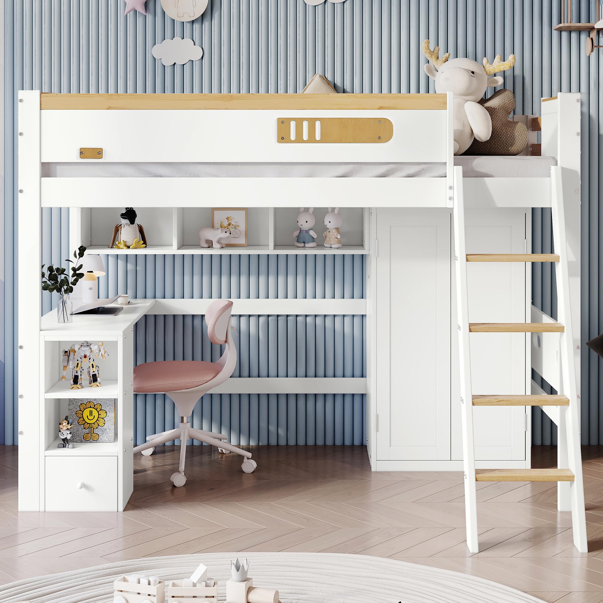 Cama Alta para Niños 90 x 200 cm, Litera con Rejilla de Protección, Mesa, Armario y Estantería Abierta - Amplio Espacio de Almacenamiento