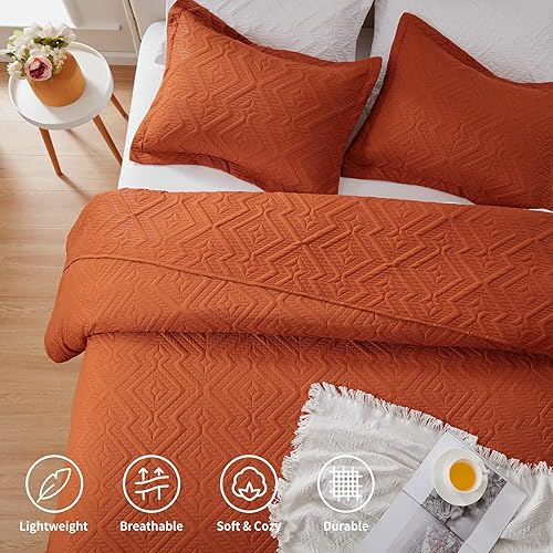 Miniatura 4 de Juego de edredón de 3 piezas tamaño California King, color naranja quemadoóxido, 118 x 106 pulgadas, edredón de verano suave y ligero, lujoso juego