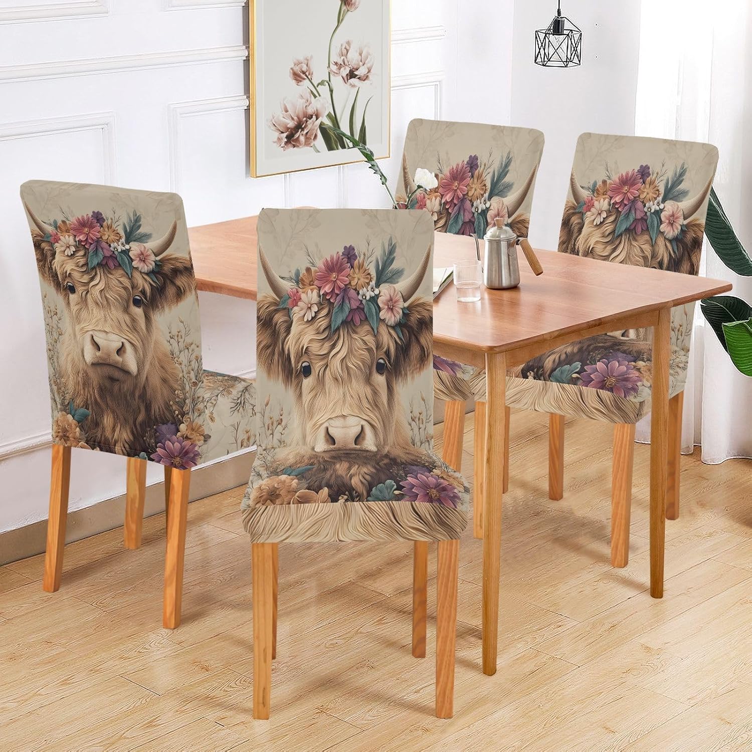ALAZA Chair Covers for Dining Room, Highland Cow with Flowers Stretch Chair Cover Sets Chair Protector Removable Washable for Ktichen Restaurant Hotel