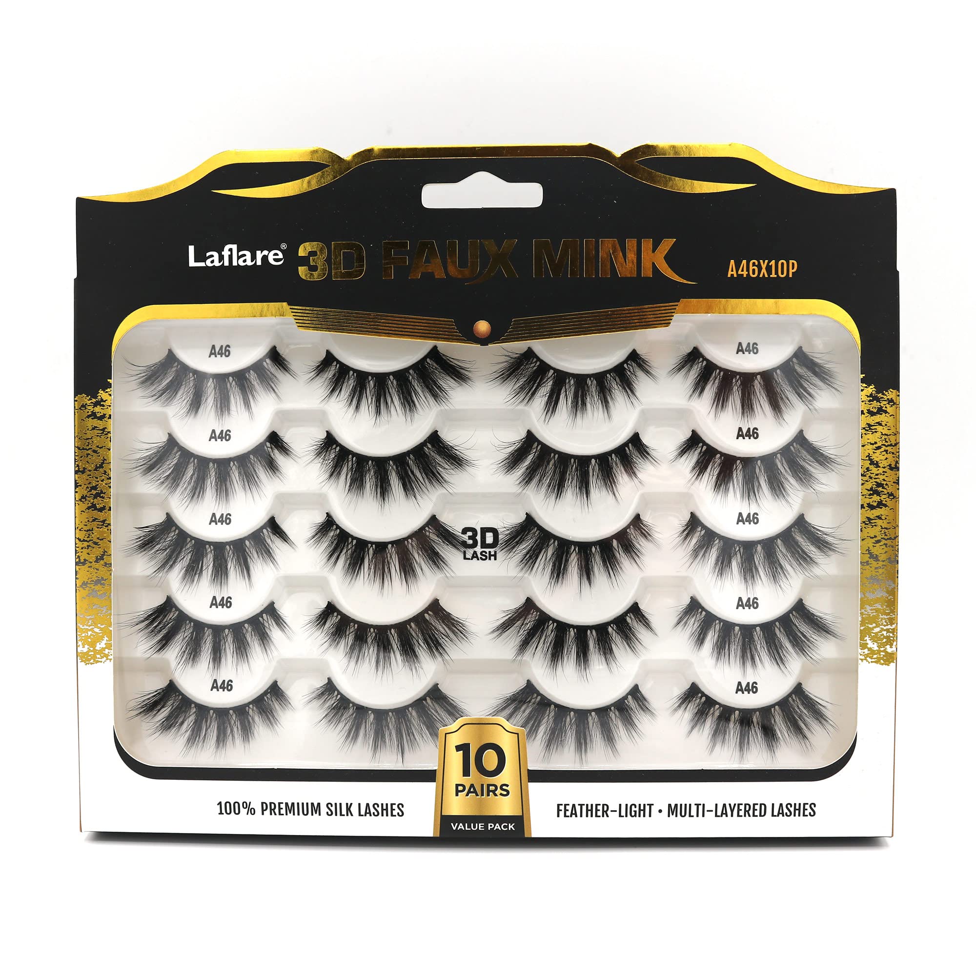 LaflareSilk Lashes 3D Faux Mink Eyelashes Multipack, Light, Natural Looking, Professional Easy to Apply Eyelashes in a Knitted Style 10 Pairs Jumbo Pack (A46X10P)