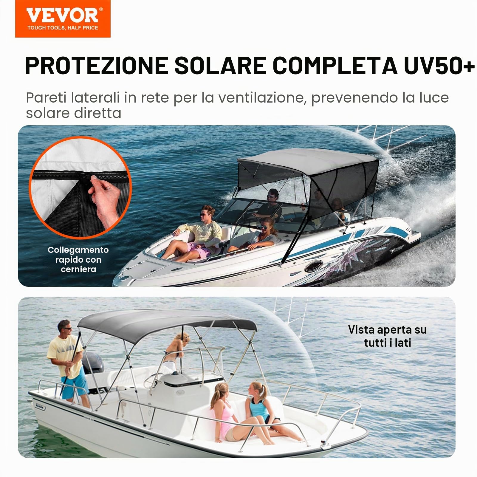 VEVOR Copertura per barca bimini top a 4 prua, tettoia in poliestere 600D da 1", include bagagliaio, 2 pali di supporto, 2 cinghie, 8'L x 54"H x 85"-90"W, grigio chiaro