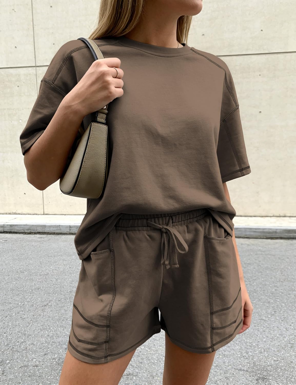LTSCNRM Women's Cotton 2-Piece Outfit Oversized Pocket T-Shirt High-Waist Shorts Loungewear Home Coffee Vacation