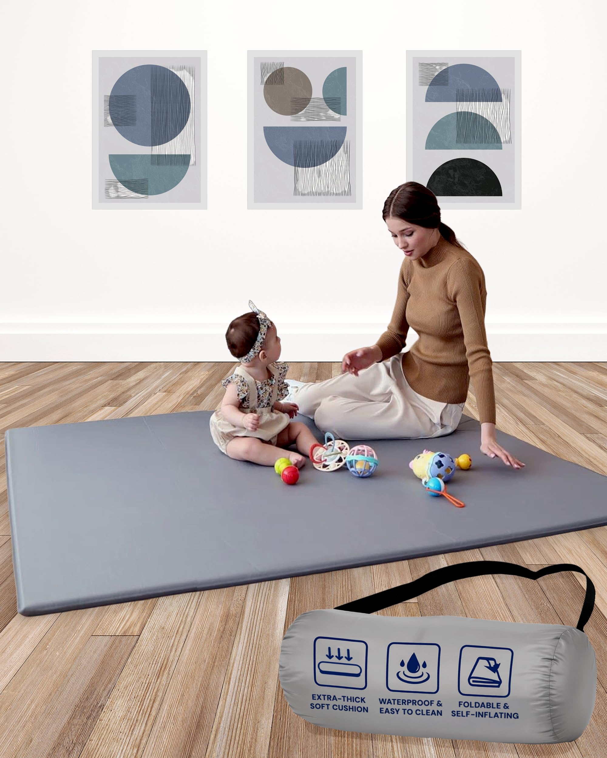 TODALE Waterproof Baby Play Mat Super Thick Baby Mat - Self-Inflating & Foldable for Nursery, Playpen & Outdoor Use (50" x 50" Gray)