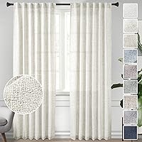 Vista 55 de Cortinas de lino blanco con pestaña trasera de 108 pulgadas de largo, 2 paneles para sala de estar, cortinas de estilo rústico bohemias, filtro
