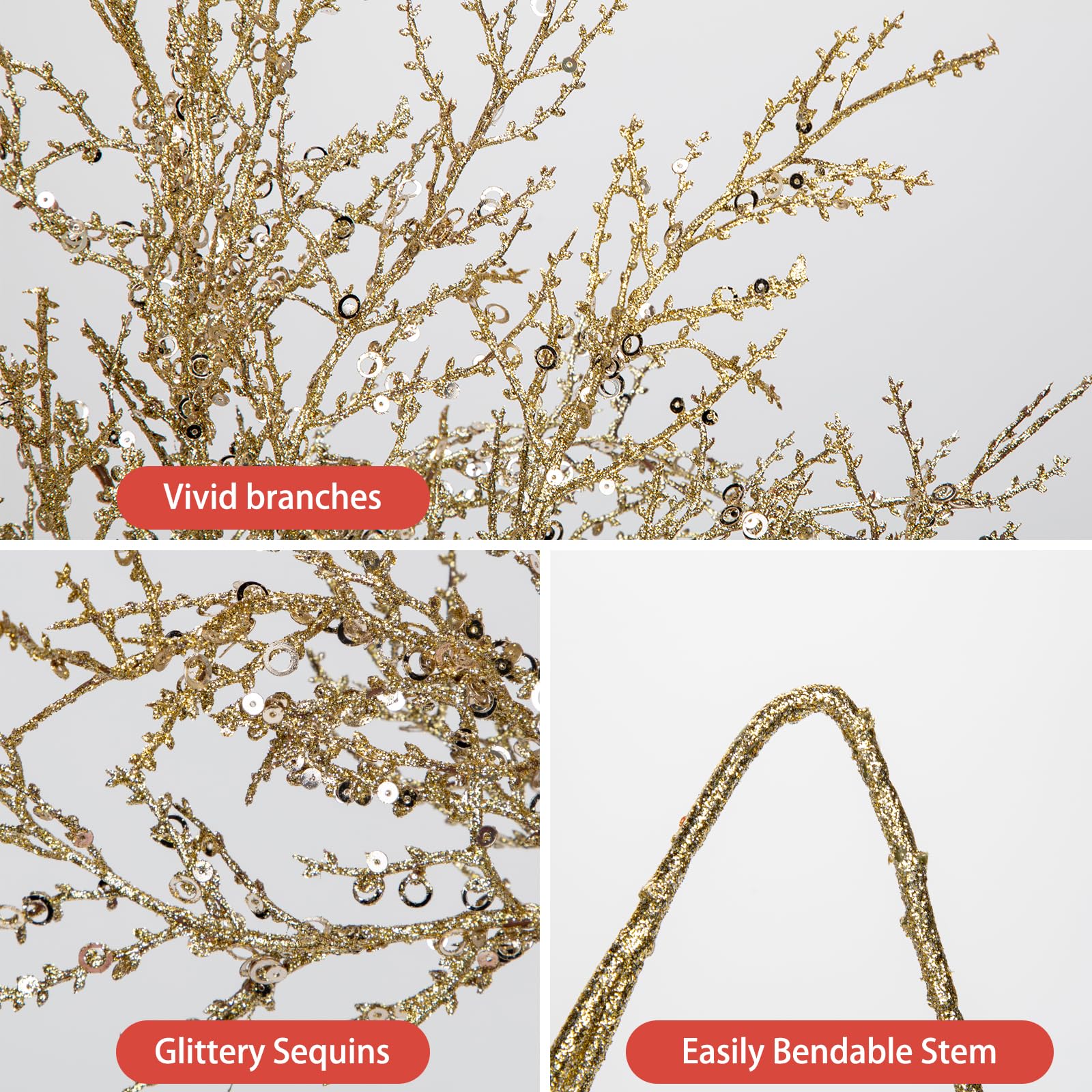 Hollyone 5PCS Glittery Christmas Branches with Sequins, Champagne Gold Arificial Plant with Long Stems - Image 3