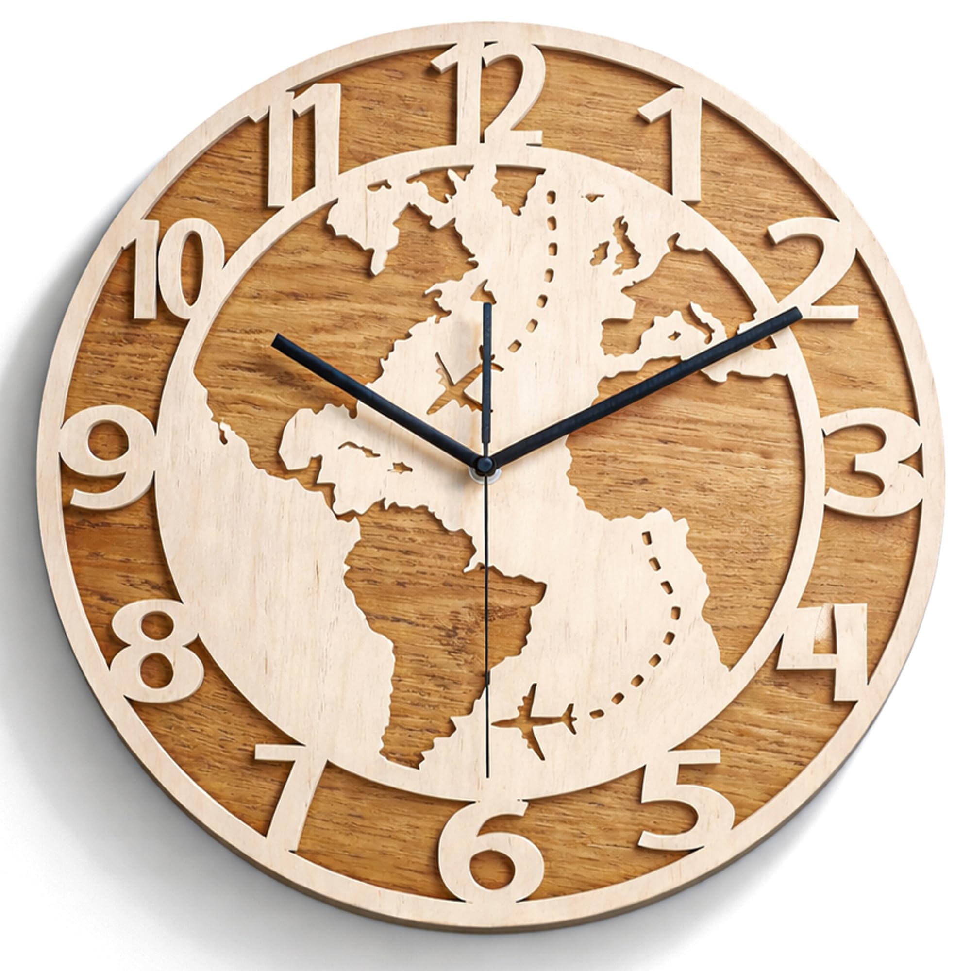 Grand planisphère horloge murale salon silencieuse déco bois chêne doré moderne