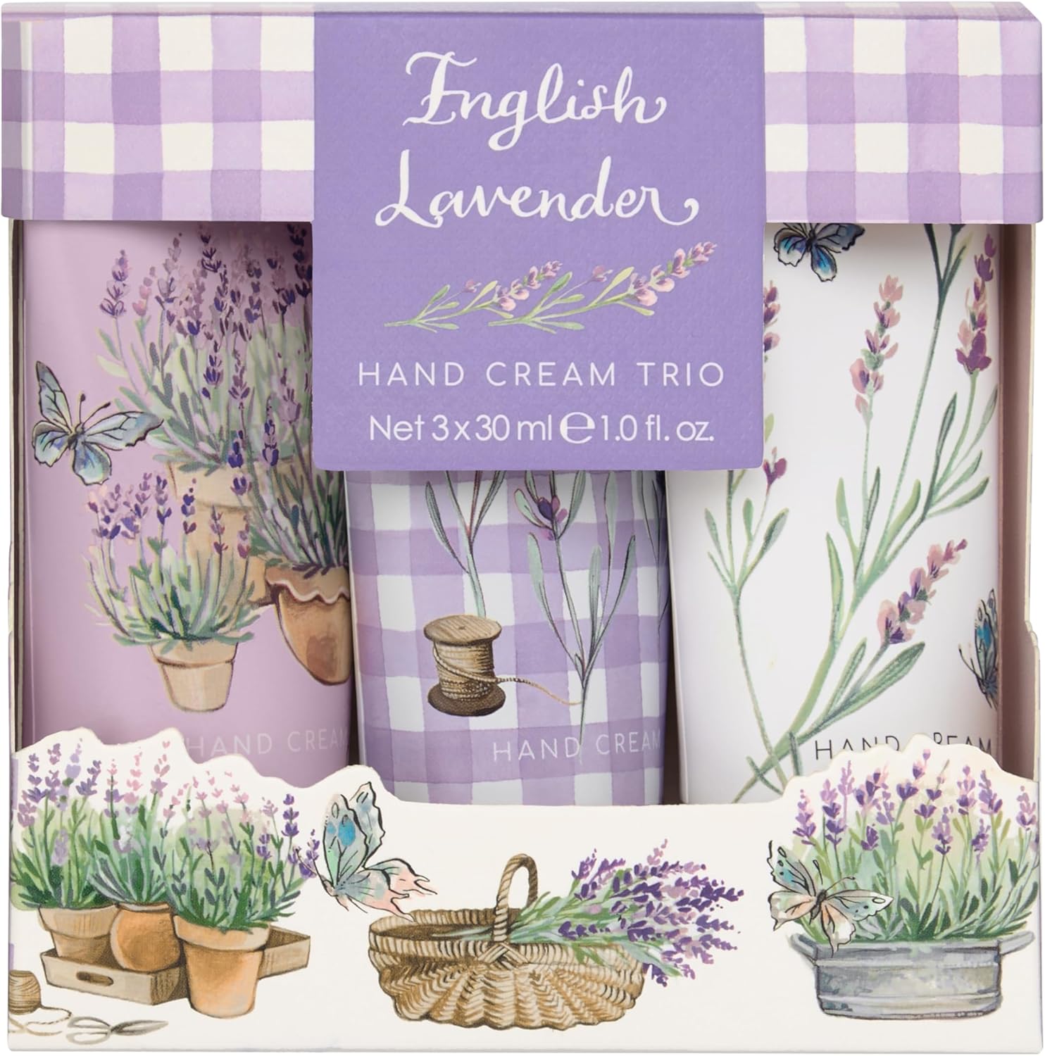 Heathcote & Ivory Hand Cream Trio 3x 30ml, Lavender Essential Oil with Shea Butter and Argan Oil, Beauty Gift, Travel Size and Fits in a Handbag, Cruelty Free and Vegan Friendly