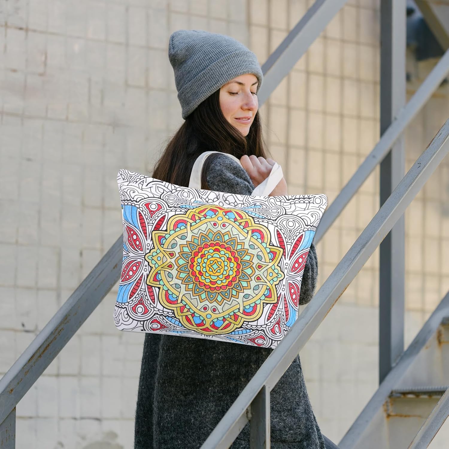 Mindsoft Color Your Own Tote Bag for Adults Craft Kits with 24 Acrylic Markers Colour Makeup Bag DIY Painting Art Kit for Women, 17.7 x 13.3 x 3.9 Inches(Mandala)
